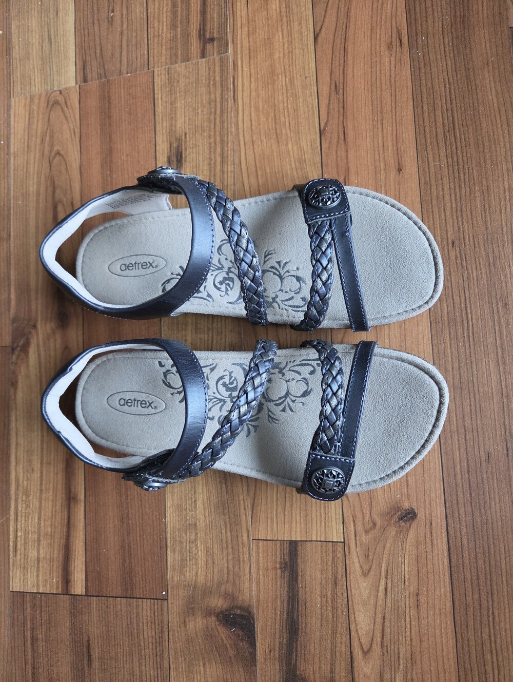 Aetrex Jillian Navy Braided Quarter Strap Leather Sandals